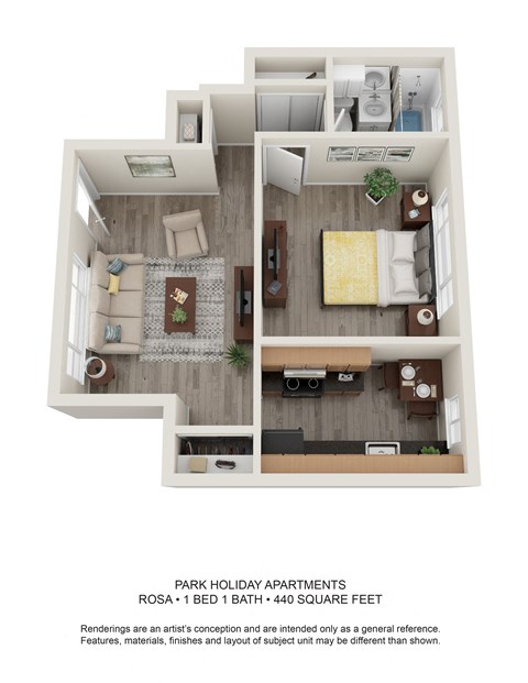 1 bedroom 1 bathroom floor plan with 440 square feet